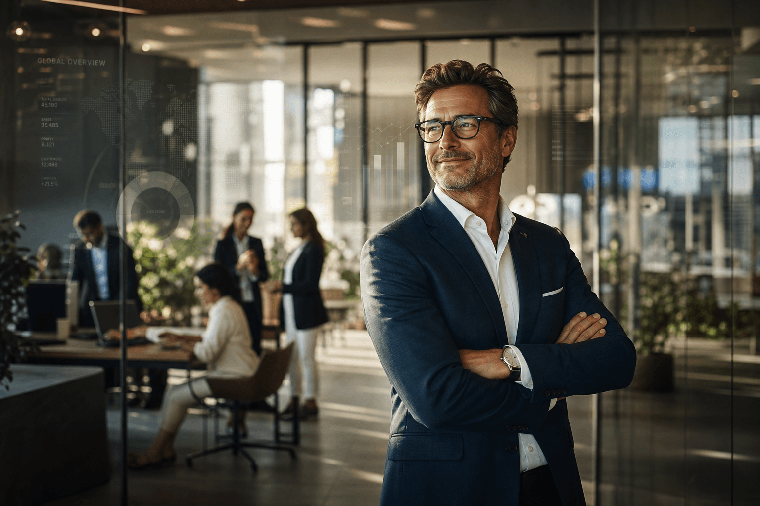 Executivo em ambiente corporativo moderno